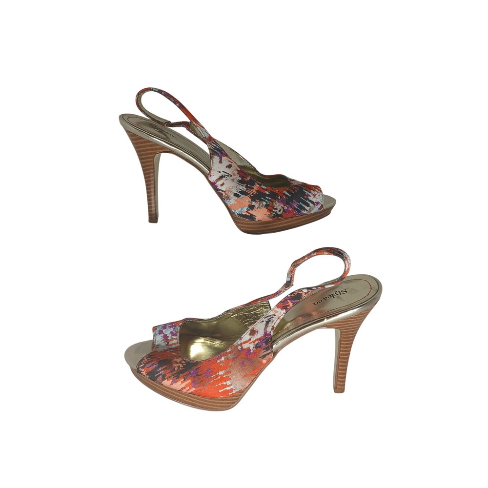 Style & Co Faith Heels 8M Orange Abstract Ikat Peep Toe Slingback Platform Glam
